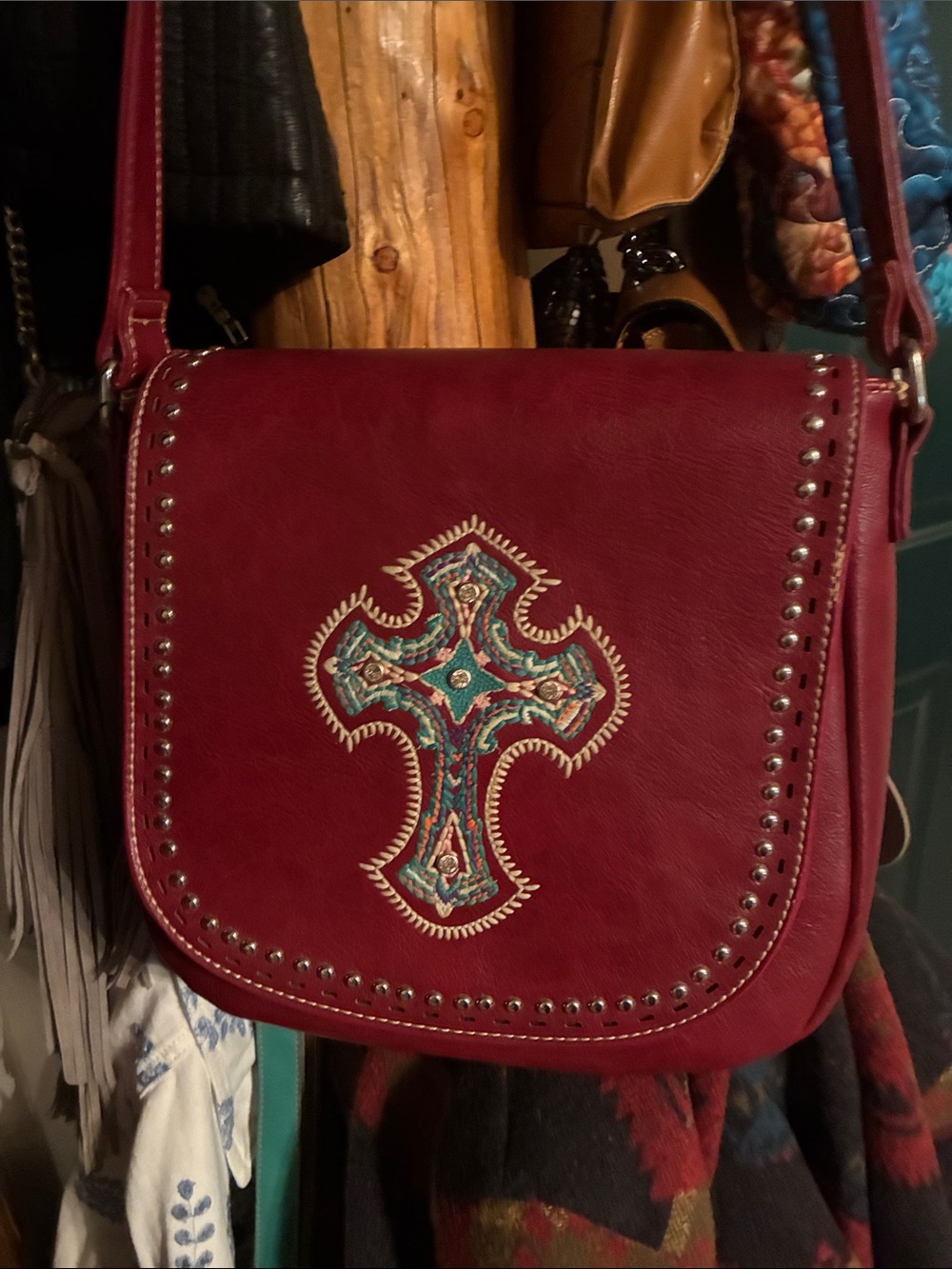 Red Embroidered Cross Saddle Bag